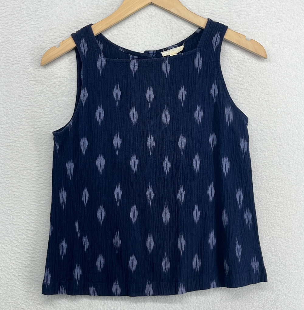 EILEEN FISHER Tank Top S Cotton Ikat Indigo Square Neck Back Button Shell Blue